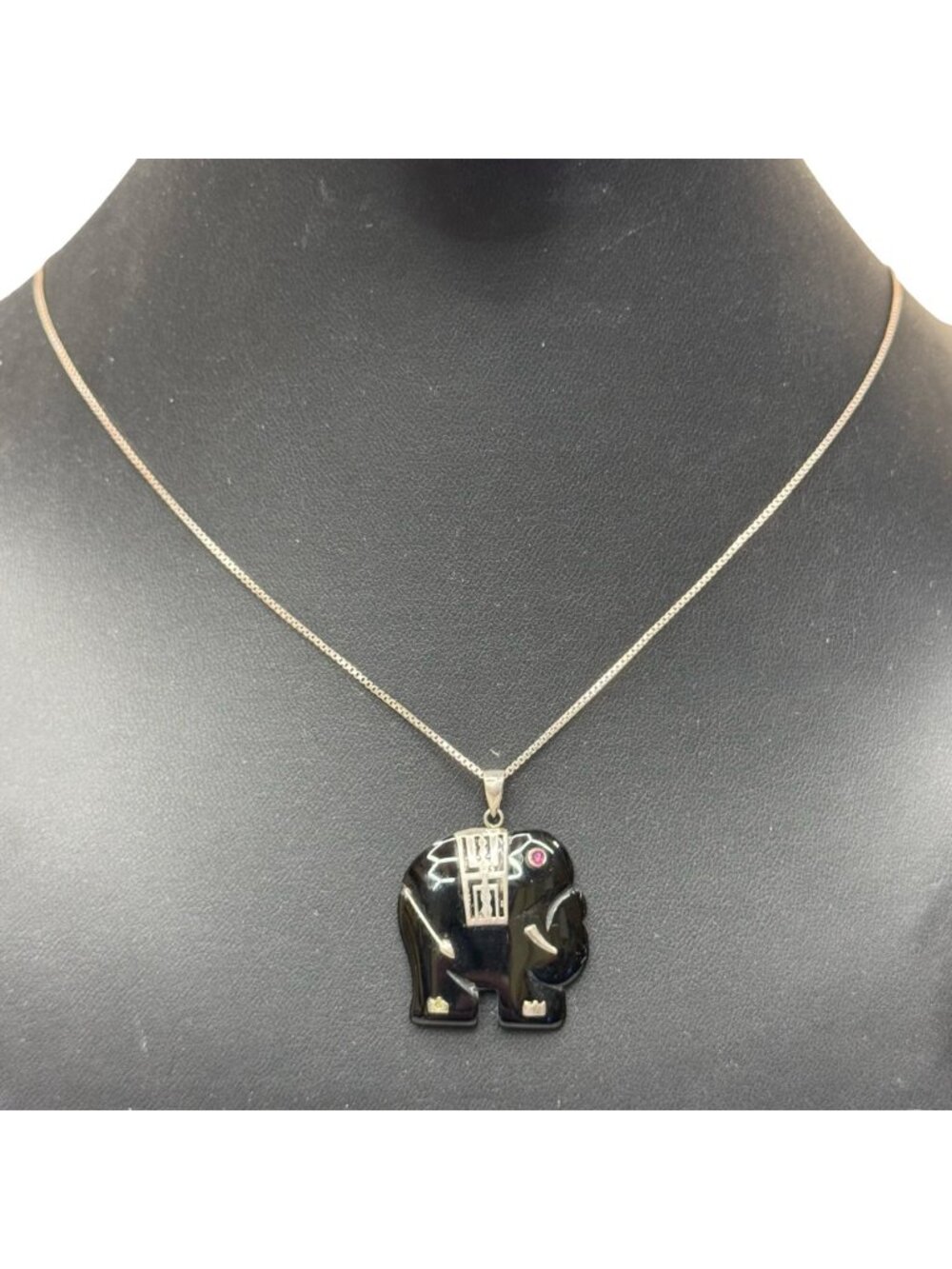 Sterling Silver Elephant Pendant Necklace Black Onyx Box Chain 24" Made In Italy - Picture 2 of 8